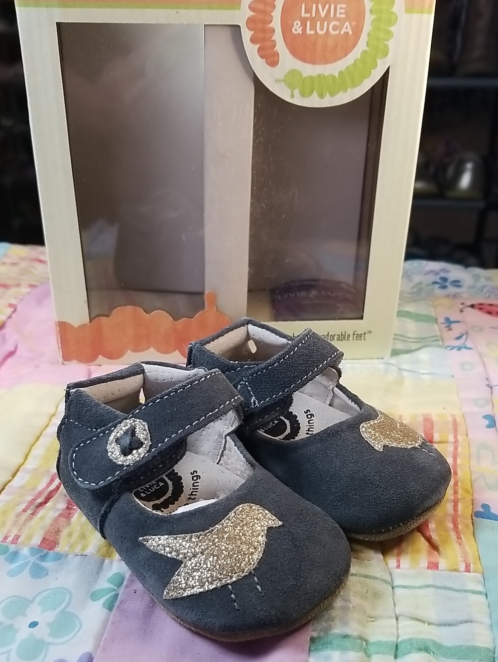 Livie & Luca Gray Blue Suede Mary Jane with Gold Glitter Bird 0-6 Month Pio Pio